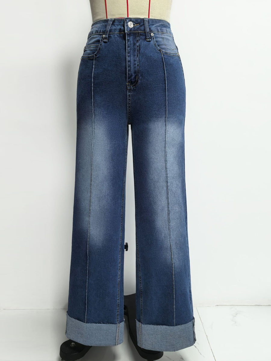 Cuffed Wide Leg Jeans For Women - Blue Western Boho Seam Front High Waist Straight Denim - Spring Casual Cowgirl Streetwear 2026