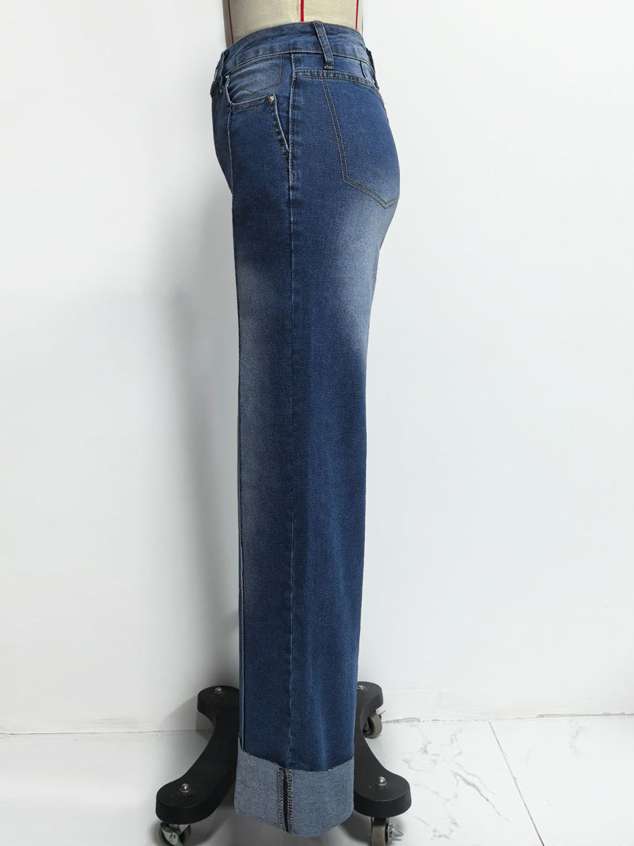 Cuffed Wide Leg Jeans For Women - Blue Western Boho Seam Front High Waist Straight Denim - Spring Casual Cowgirl Streetwear 2026