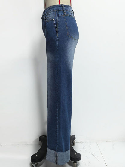 Cuffed Wide Leg Jeans For Women - Blue Western Boho Seam Front High Waist Straight Denim - Spring Casual Cowgirl Streetwear 2026