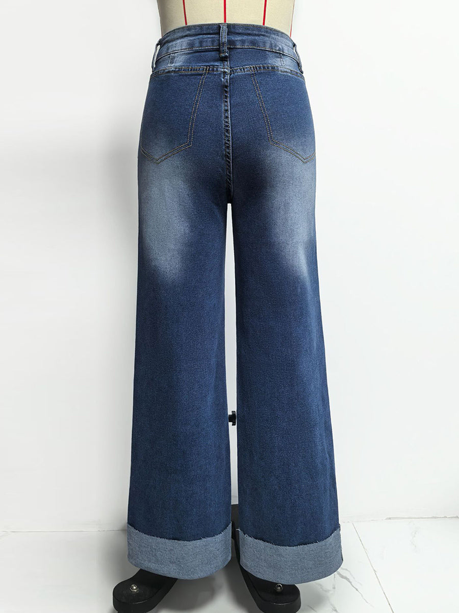 Cuffed Wide Leg Jeans For Women - Blue Western Boho Seam Front High Waist Straight Denim - Spring Casual Cowgirl Streetwear 2026