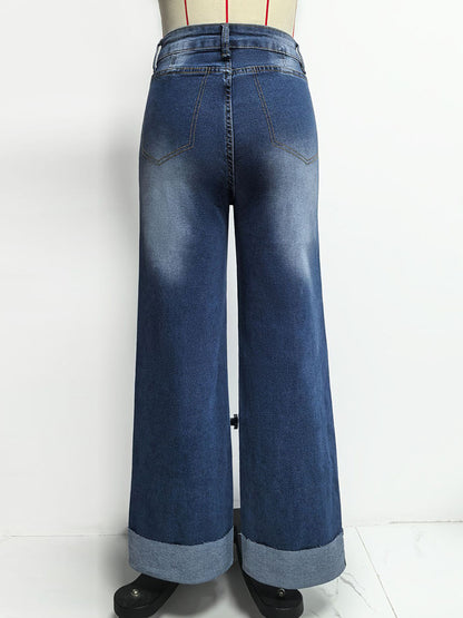 Cuffed Wide Leg Jeans For Women - Blue Western Boho Seam Front High Waist Straight Denim - Spring Casual Cowgirl Streetwear 2026