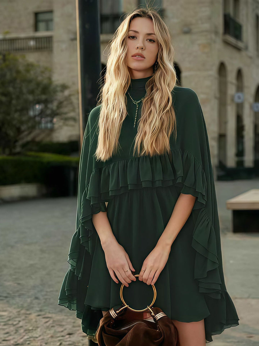Chiffon Cape Mini Slip Dress For Women - Elegant Ruffle Tiered 2 Piece Set - Spring Wedding Guest Party Cocktail 2026