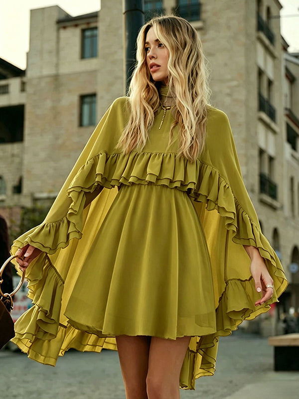 Chiffon Cape Mini Slip Dress For Women - Elegant Ruffle Tiered 2 Piece Set - Spring Wedding Guest Party Cocktail 2026