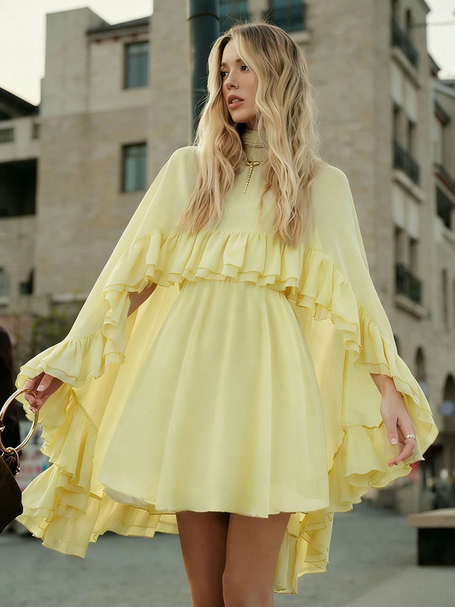 Chiffon Cape Mini Slip Dress For Women - Elegant Ruffle Tiered 2 Piece Set - Spring Wedding Guest Party Cocktail 2026