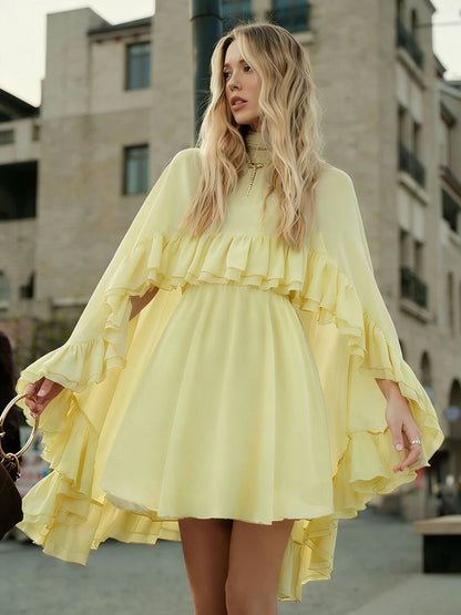 Chiffon Cape Mini Slip Dress For Women - Elegant Ruffle Tiered 2 Piece Set - Spring Wedding Guest Party Cocktail 2026