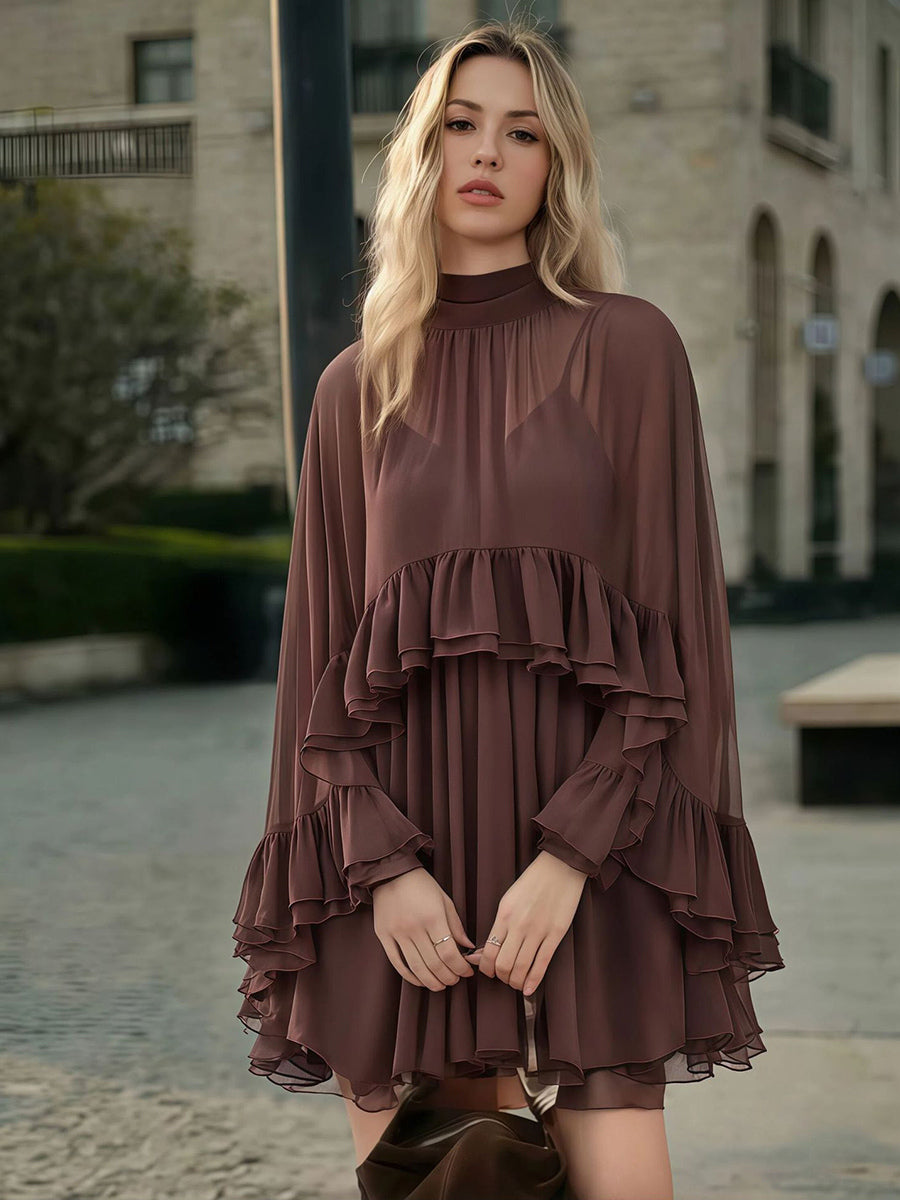 Chiffon Cape Mini Slip Dress For Women - Elegant Ruffle Tiered 2 Piece Set - Spring Wedding Guest Party Cocktail 2026