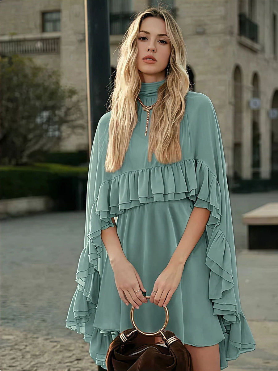 Chiffon Cape Mini Slip Dress For Women - Elegant Ruffle Tiered 2 Piece Set - Spring Wedding Guest Party Cocktail 2026
