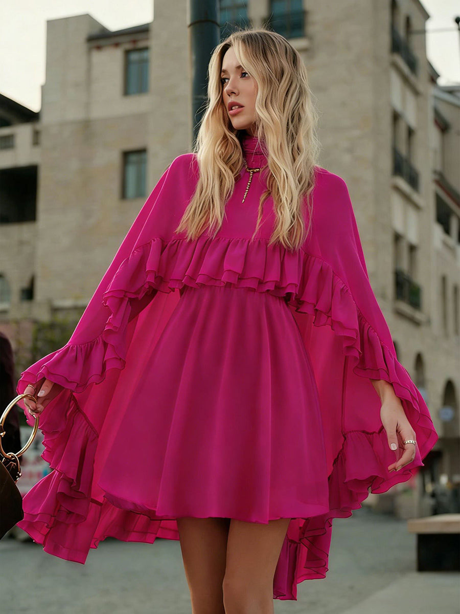 Chiffon Cape Mini Slip Dress For Women - Elegant Ruffle Tiered 2 Piece Set - Spring Wedding Guest Party Cocktail 2026