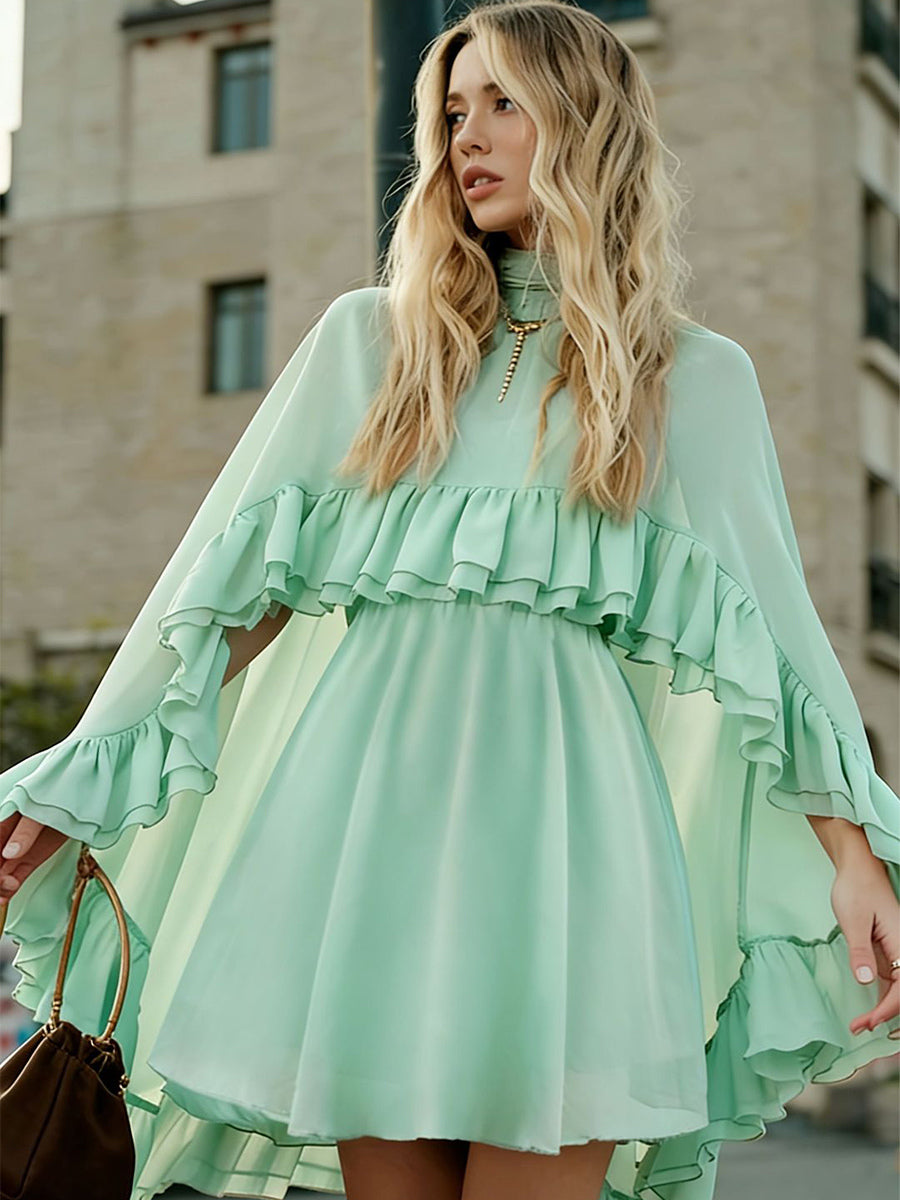Chiffon Cape Mini Slip Dress For Women - Elegant Ruffle Tiered 2 Piece Set - Spring Wedding Guest Party Cocktail 2026