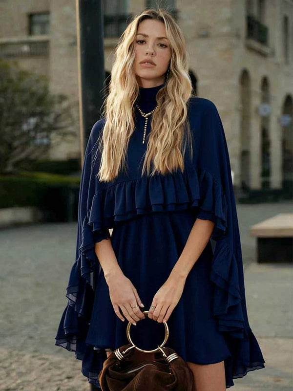 Chiffon Cape Mini Slip Dress For Women - Elegant Ruffle Tiered 2 Piece Set - Spring Wedding Guest Party Cocktail 2026
