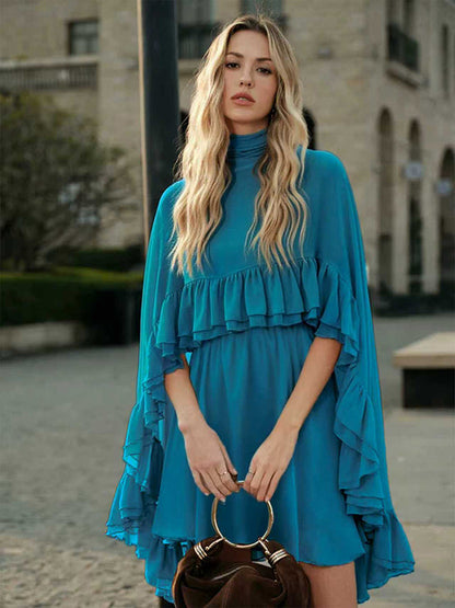 Chiffon Cape Mini Slip Dress For Women - Elegant Ruffle Tiered 2 Piece Set - Spring Wedding Guest Party Cocktail 2026