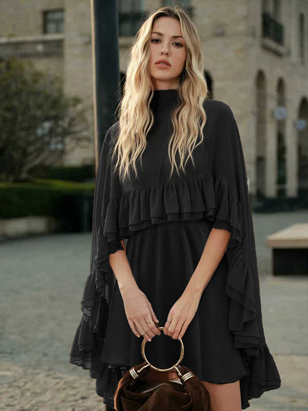 Chiffon Cape Mini Slip Dress For Women - Elegant Ruffle Tiered 2 Piece Set - Spring Wedding Guest Party Cocktail 2026