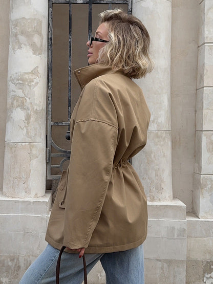 Pure Cotton Utility Jacket For Women - French Chic Drawstring Slim Fit Windbreaker - Spring Casual Outerwear 2026