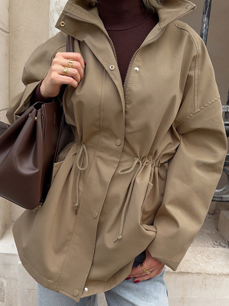 Pure Cotton Utility Jacket For Women - French Chic Drawstring Slim Fit Windbreaker - Spring Casual Outerwear 2026