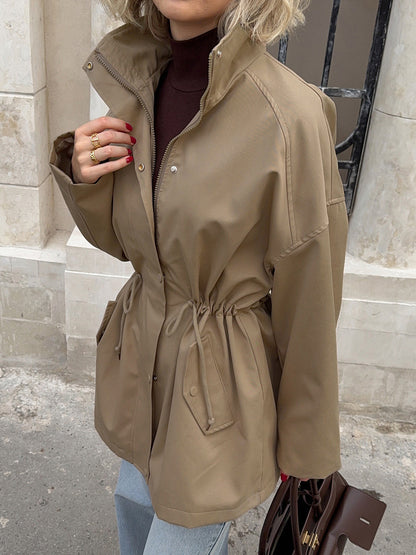 Pure Cotton Utility Jacket For Women - French Chic Drawstring Slim Fit Windbreaker - Spring Casual Outerwear 2026