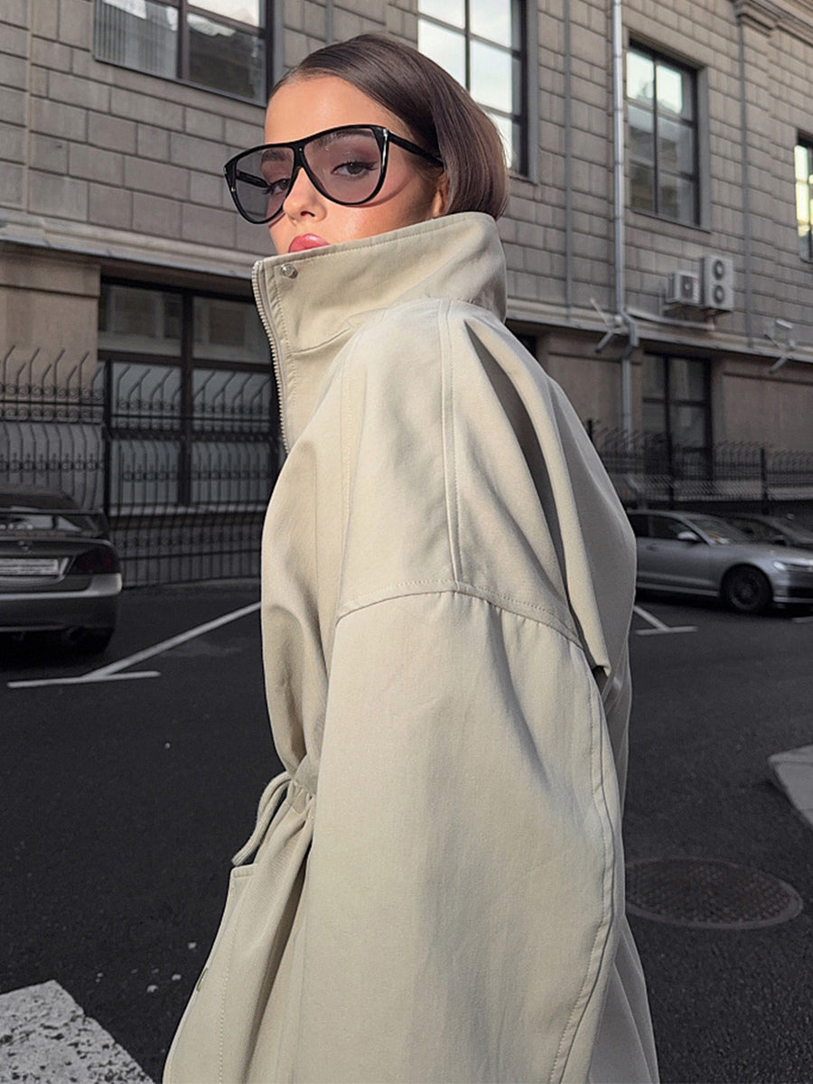 Pure Cotton Utility Jacket For Women - French Chic Drawstring Slim Fit Windbreaker - Spring Casual Outerwear 2026