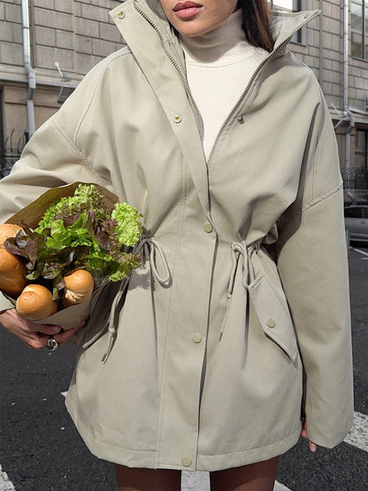 Pure Cotton Utility Jacket For Women - French Chic Drawstring Slim Fit Windbreaker - Spring Casual Outerwear 2026