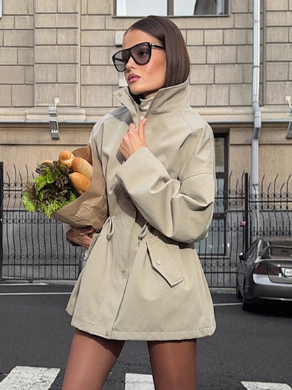 Pure Cotton Utility Jacket For Women - French Chic Drawstring Slim Fit Windbreaker - Spring Casual Outerwear 2026