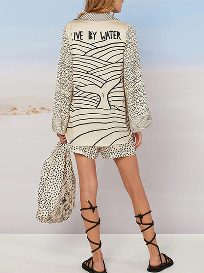 Satin Print Pajama Set For Women - Coastal Graphic V-Neck Long Sleeve Shirt And Shorts - Summer Cruise Party 2026