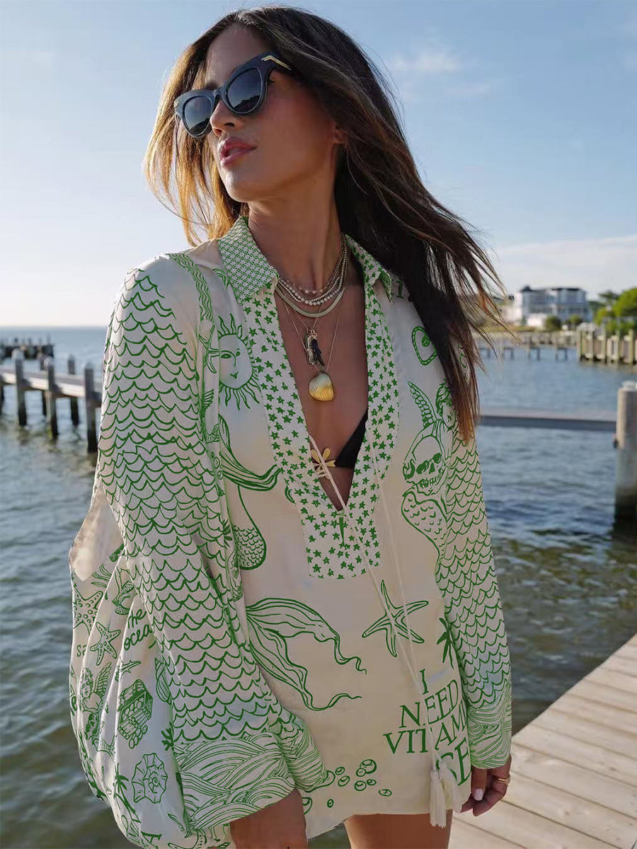 Satin Print Pajama Set For Women - Coastal Graphic V-Neck Long Sleeve Shirt And Shorts - Summer Cruise Party 2026