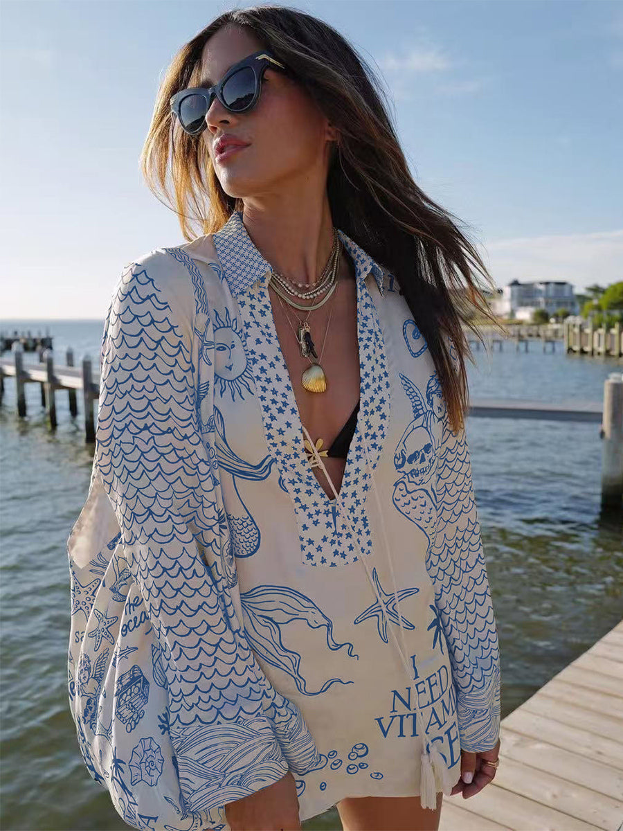 Satin Print Pajama Set For Women - Coastal Graphic V-Neck Long Sleeve Shirt And Shorts - Summer Cruise Party 2026