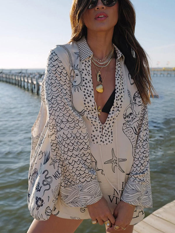 Satin Print Pajama Set For Women - Coastal Graphic V-Neck Long Sleeve Shirt And Shorts - Summer Cruise Party 2026