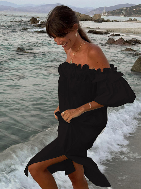 White Off Shoulder Long Dress For Women - Linen Cotton Boho Ruffle Lantern Sleeve Loose Beach Sundress - Summer Vacation 2026