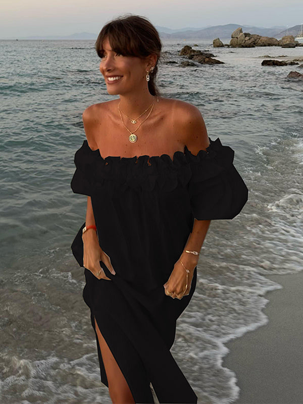 White Off Shoulder Long Dress For Women - Linen Cotton Boho Ruffle Lantern Sleeve Loose Beach Sundress - Summer Vacation 2026