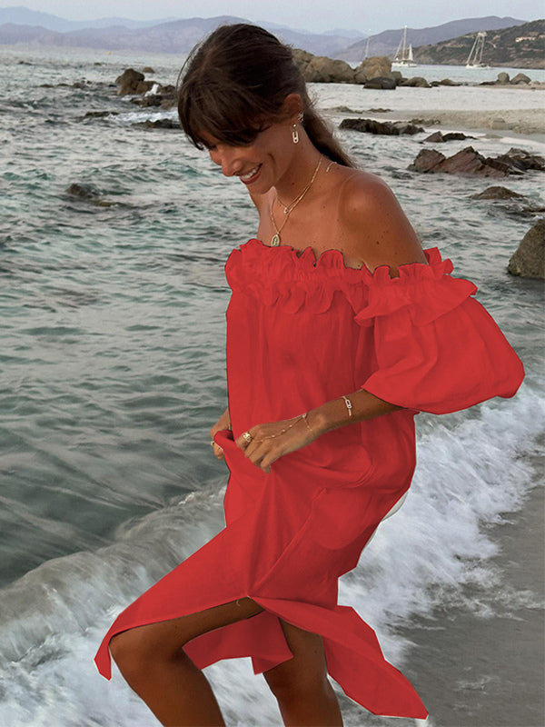 White Off Shoulder Long Dress For Women - Linen Cotton Boho Ruffle Lantern Sleeve Loose Beach Sundress - Summer Vacation 2026