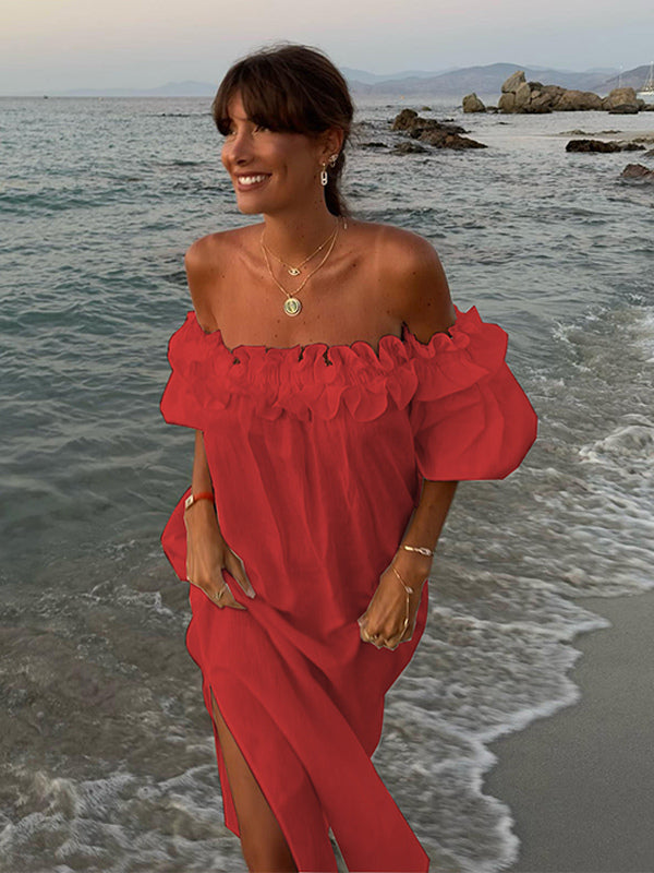 White Off Shoulder Long Dress For Women - Linen Cotton Boho Ruffle Lantern Sleeve Loose Beach Sundress - Summer Vacation 2026