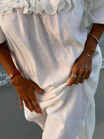 White Off Shoulder Long Dress For Women - Linen Cotton Boho Ruffle Lantern Sleeve Loose Beach Sundress - Summer Vacation 2026