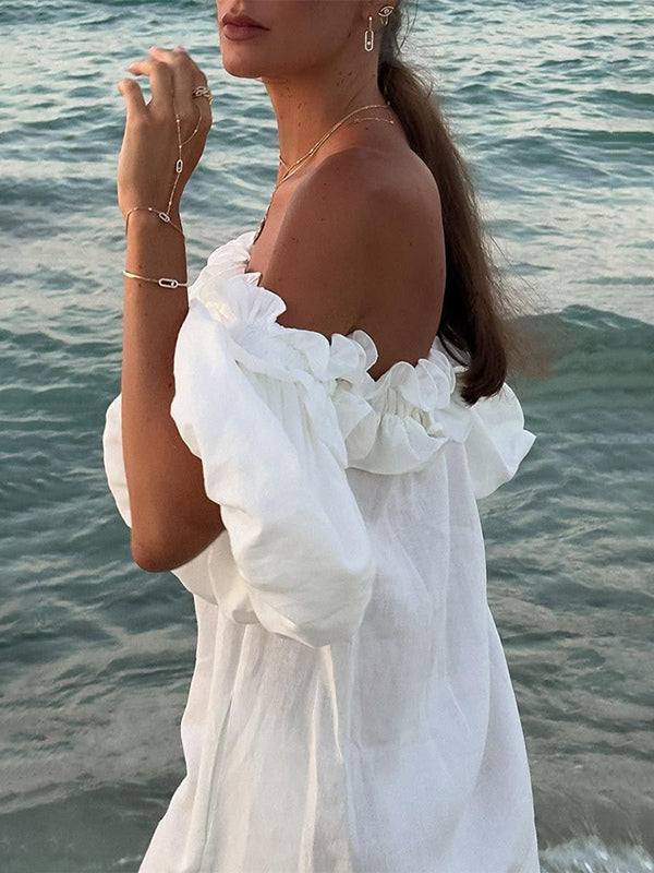 White Off Shoulder Long Dress For Women - Linen Cotton Boho Ruffle Lantern Sleeve Loose Beach Sundress - Summer Vacation 2026
