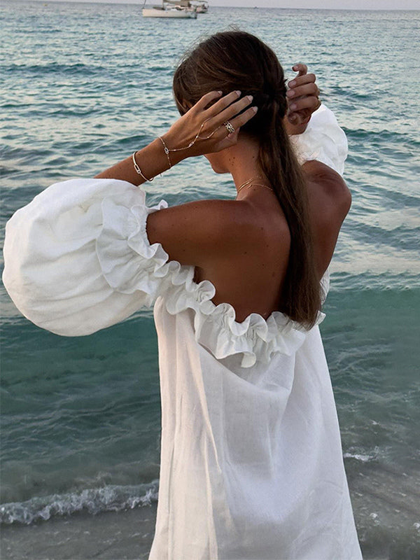White Off Shoulder Long Dress For Women - Linen Cotton Boho Ruffle Lantern Sleeve Loose Beach Sundress - Summer Vacation 2026