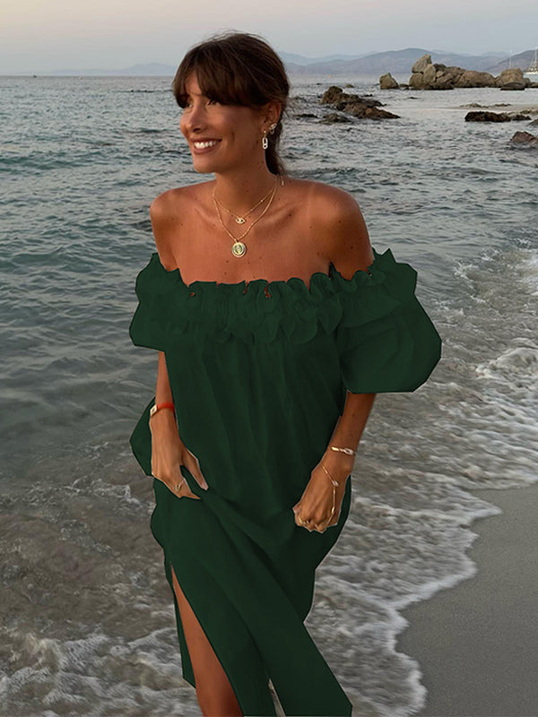 White Off Shoulder Long Dress For Women - Linen Cotton Boho Ruffle Lantern Sleeve Loose Beach Sundress - Summer Vacation 2026