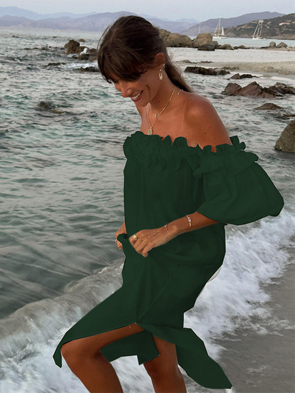 White Off Shoulder Long Dress For Women - Linen Cotton Boho Ruffle Lantern Sleeve Loose Beach Sundress - Summer Vacation 2026