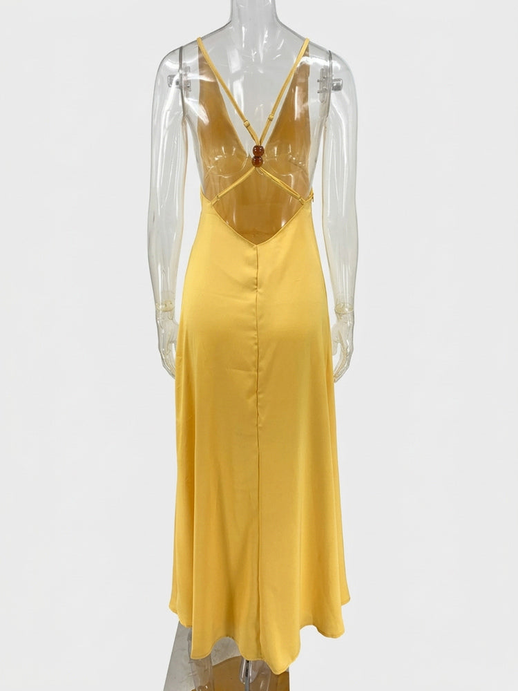 Deep V Neck Backless Satin Maxi Dress For Women - Yellow Boho Wood Beaded Evening Gown - Summer Beach Wedding Guest 2026