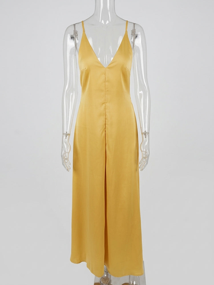 Deep V Neck Backless Satin Maxi Dress For Women - Yellow Boho Wood Beaded Evening Gown - Summer Beach Wedding Guest 2026