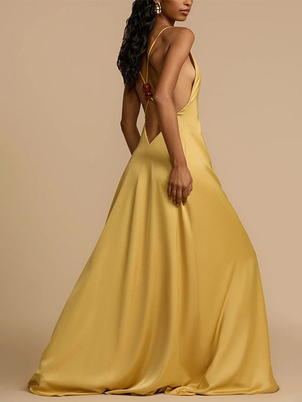Deep V Neck Backless Satin Maxi Dress For Women - Yellow Boho Wood Beaded Evening Gown - Summer Beach Wedding Guest 2026