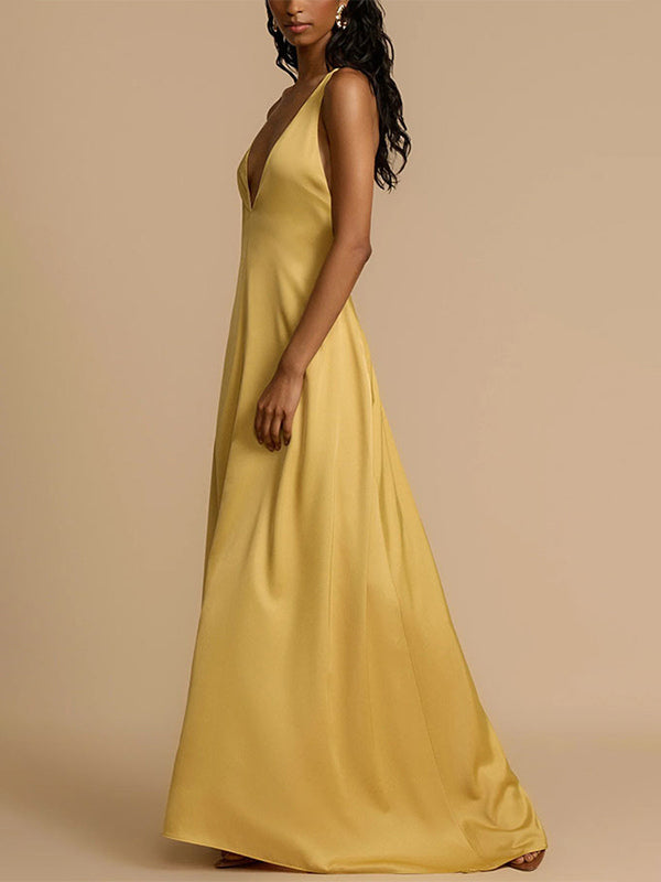 Deep V Neck Backless Satin Maxi Dress For Women - Yellow Boho Wood Beaded Evening Gown - Summer Beach Wedding Guest 2026