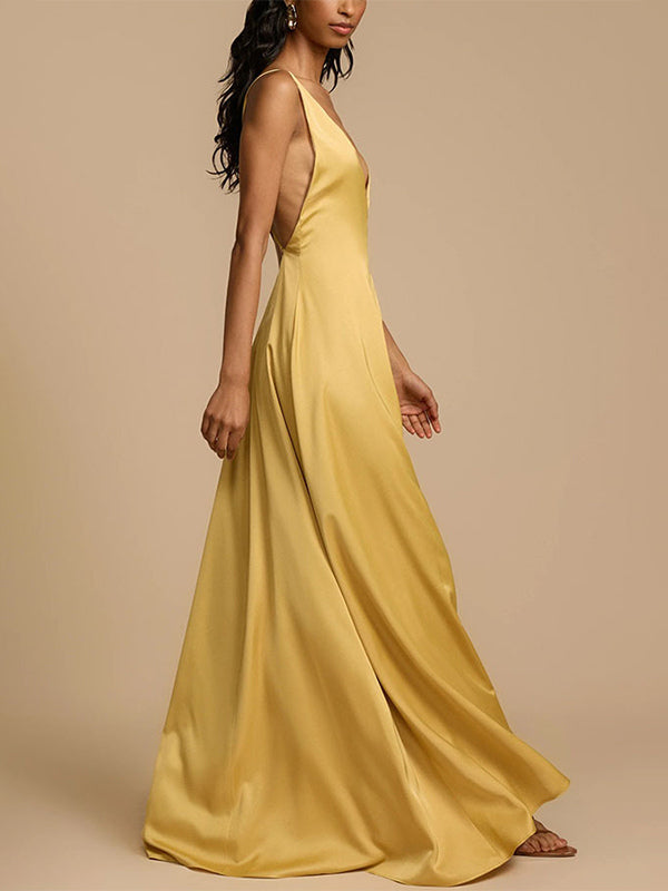 Deep V Neck Backless Satin Maxi Dress For Women - Yellow Boho Wood Beaded Evening Gown - Summer Beach Wedding Guest 2026