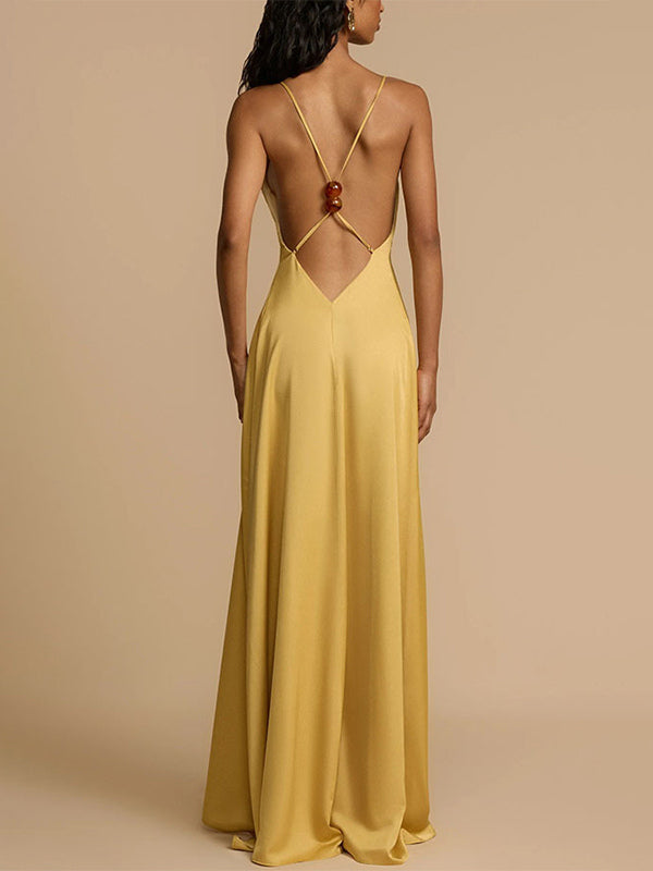 Deep V Neck Backless Satin Maxi Dress For Women - Yellow Boho Wood Beaded Evening Gown - Summer Beach Wedding Guest 2026