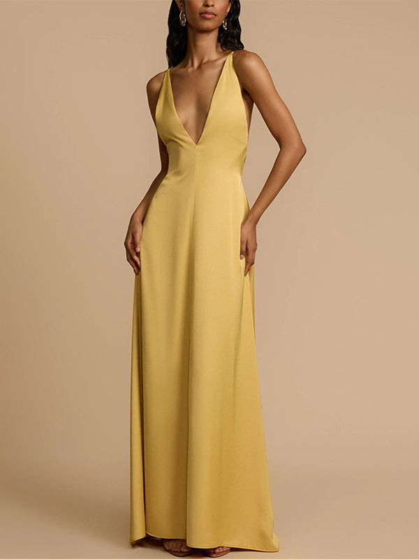 Deep V Neck Backless Satin Maxi Dress For Women - Yellow Boho Wood Beaded Evening Gown - Summer Beach Wedding Guest 2026