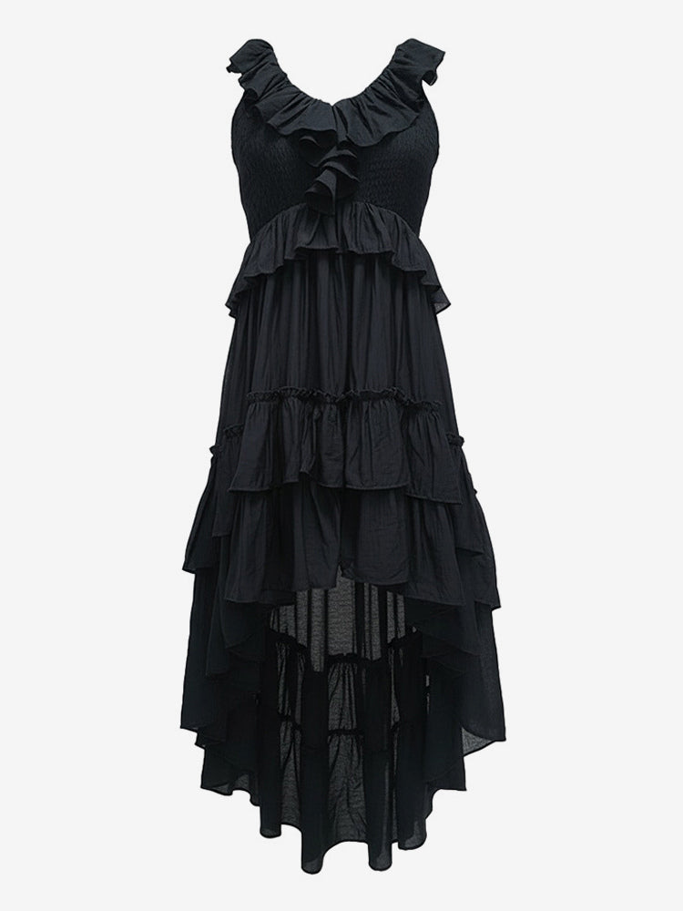 Boho Ruffle High-Low Sundress For Women - Smocked V-Neck Sleeveless Tiered Flowy Midi Dress - Summer Beach Vacation 2026