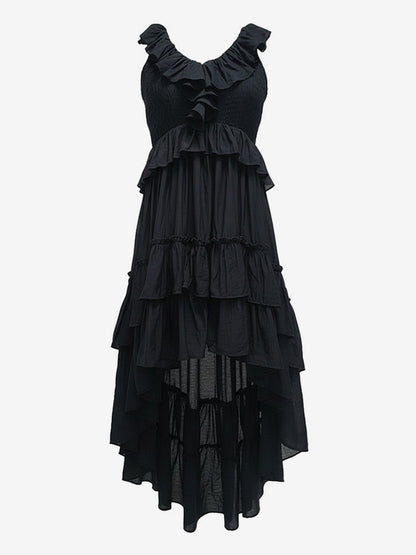 Boho Ruffle High-Low Sundress For Women - Smocked V-Neck Sleeveless Tiered Flowy Midi Dress - Summer Beach Vacation 2026
