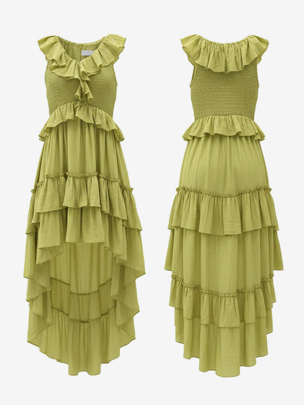 Boho Ruffle High-Low Sundress For Women - Smocked V-Neck Sleeveless Tiered Flowy Midi Dress - Summer Beach Vacation 2026