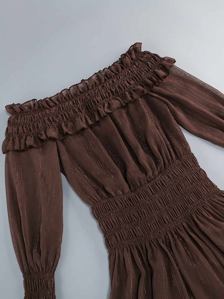 Boho Off-Shoulder Maxi Dress For Women - Brown Smocked Waist Ruffle Chiffon Tiered Long Sleeve Gown - Beach Date Night 2026