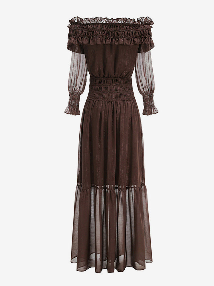 Boho Off-Shoulder Maxi Dress For Women - Brown Smocked Waist Ruffle Chiffon Tiered Long Sleeve Gown - Beach Date Night 2026