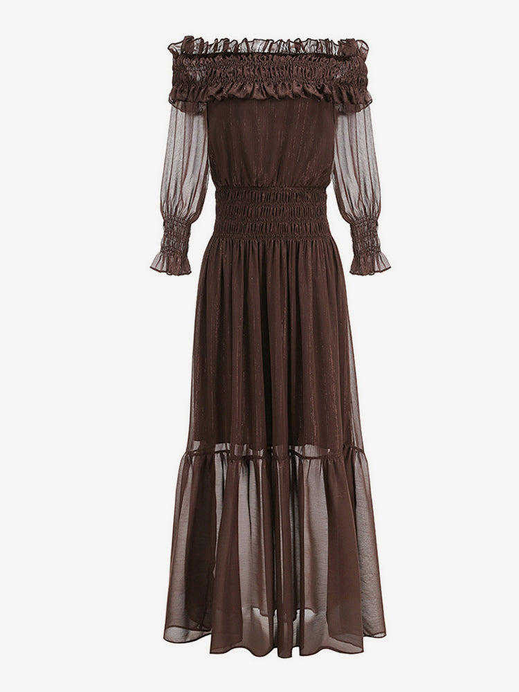 Boho Off-Shoulder Maxi Dress For Women - Brown Smocked Waist Ruffle Chiffon Tiered Long Sleeve Gown - Beach Date Night 2026