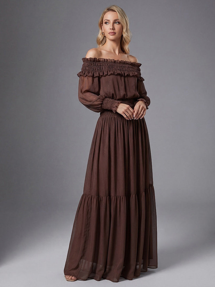 Boho Off-Shoulder Maxi Dress For Women - Brown Smocked Waist Ruffle Chiffon Tiered Long Sleeve Gown - Beach Date Night 2026