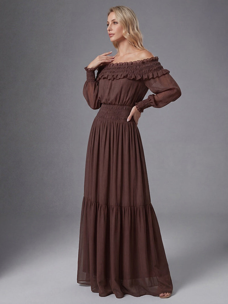 Boho Off-Shoulder Maxi Dress For Women - Brown Smocked Waist Ruffle Chiffon Tiered Long Sleeve Gown - Beach Date Night 2026